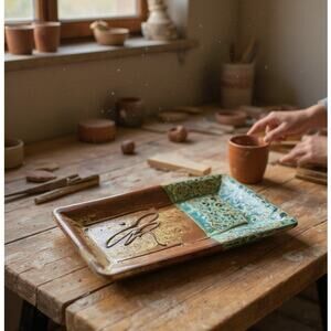 Handmade Stoneware Clay Dragonfly Tray Plate 9"x4" Brown Blue Bubbly Signed
